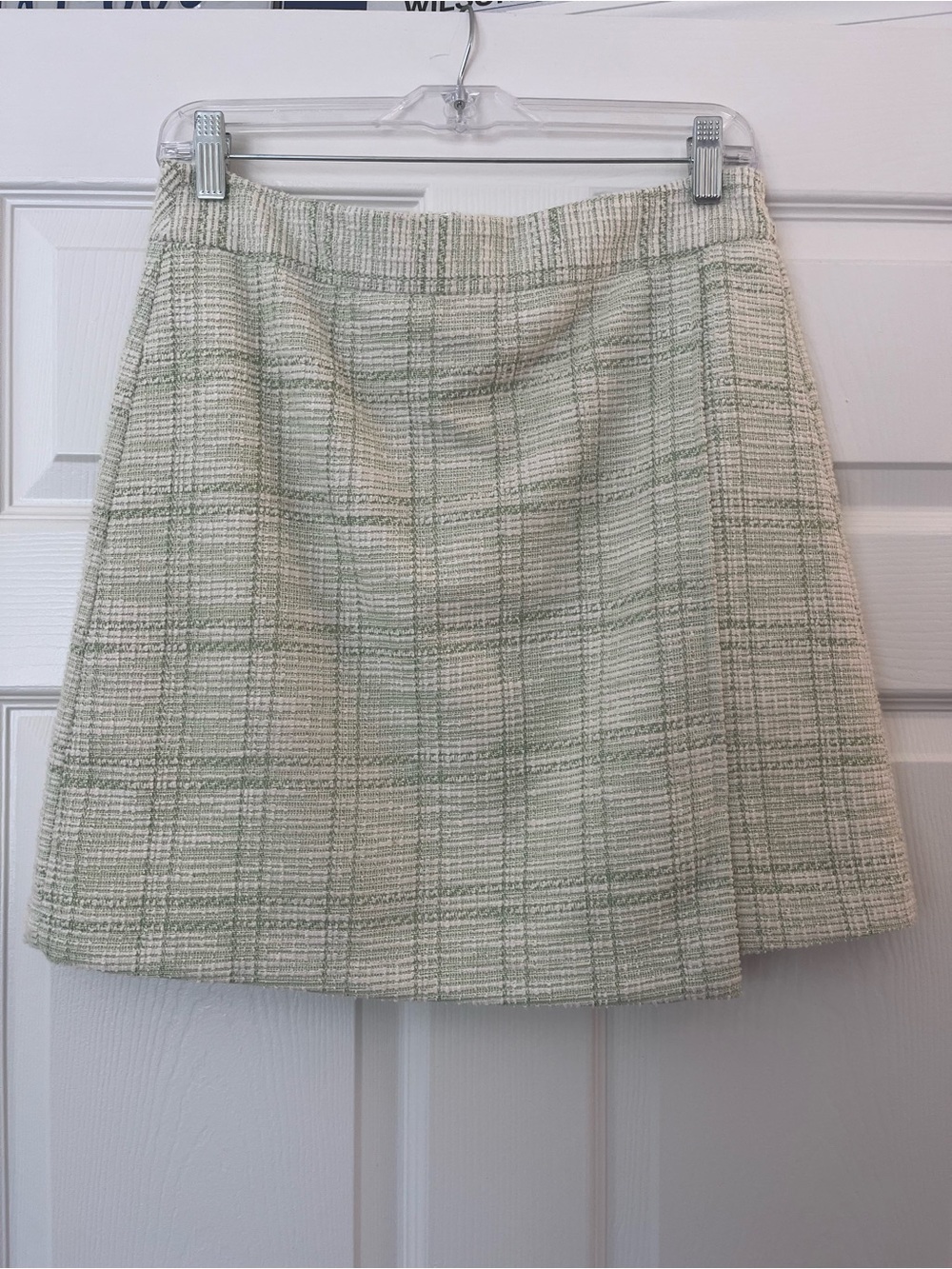LOFT Plaid Tweed A-Line Mini Skirt in Light Green and Cream